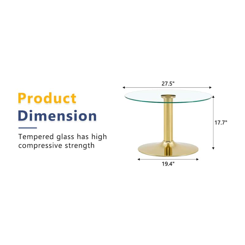 Roomfitters 27.5-Inch Round Tempered Glass Coffee Table, Metal Base, Circular Center Table, Modern Minimalist
