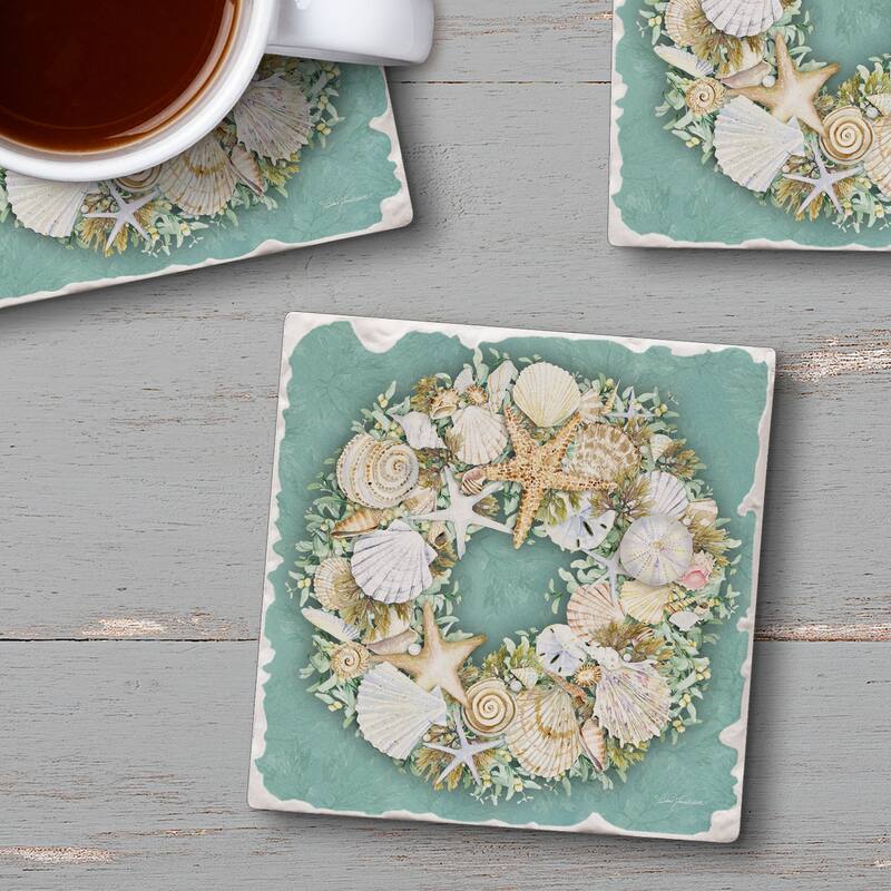 Counterart Absorbent Stone Coasters - Coastal Wreath - Set of 4 - 4x4x1.154