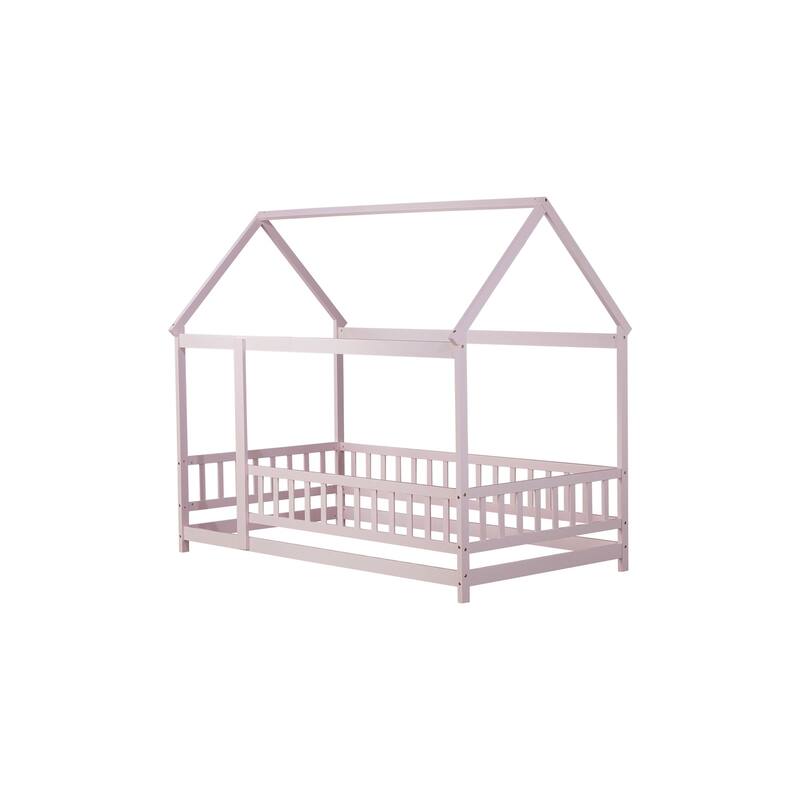 Twin Size House Floor Wooden Bed with Roof Frame,Safety Guardrails
