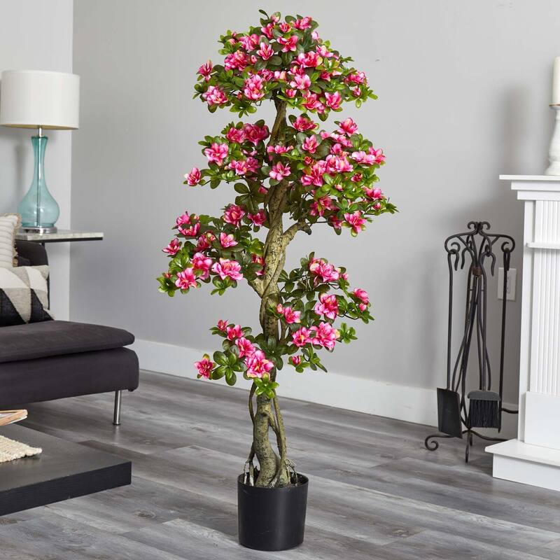 Hollywood Regency Artificial Tree - 5ft Pink Bloom Decorative Accent Tree for Home Decor - Green - 51-60 Inches
