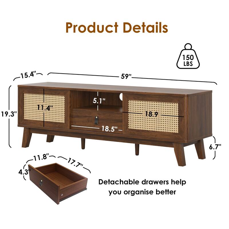 Rattan TV Stand for TVs, Wood TV Stand Mid Century Modern TV Stand TV Media Console with Drawer and 2 Cabinets