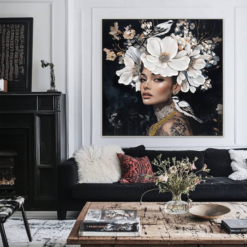 Floral Woman Canvas Wall Art Black And White Bird Tattoo Portrait Modern Aesthetic Artwork,Art Oil Painting - White