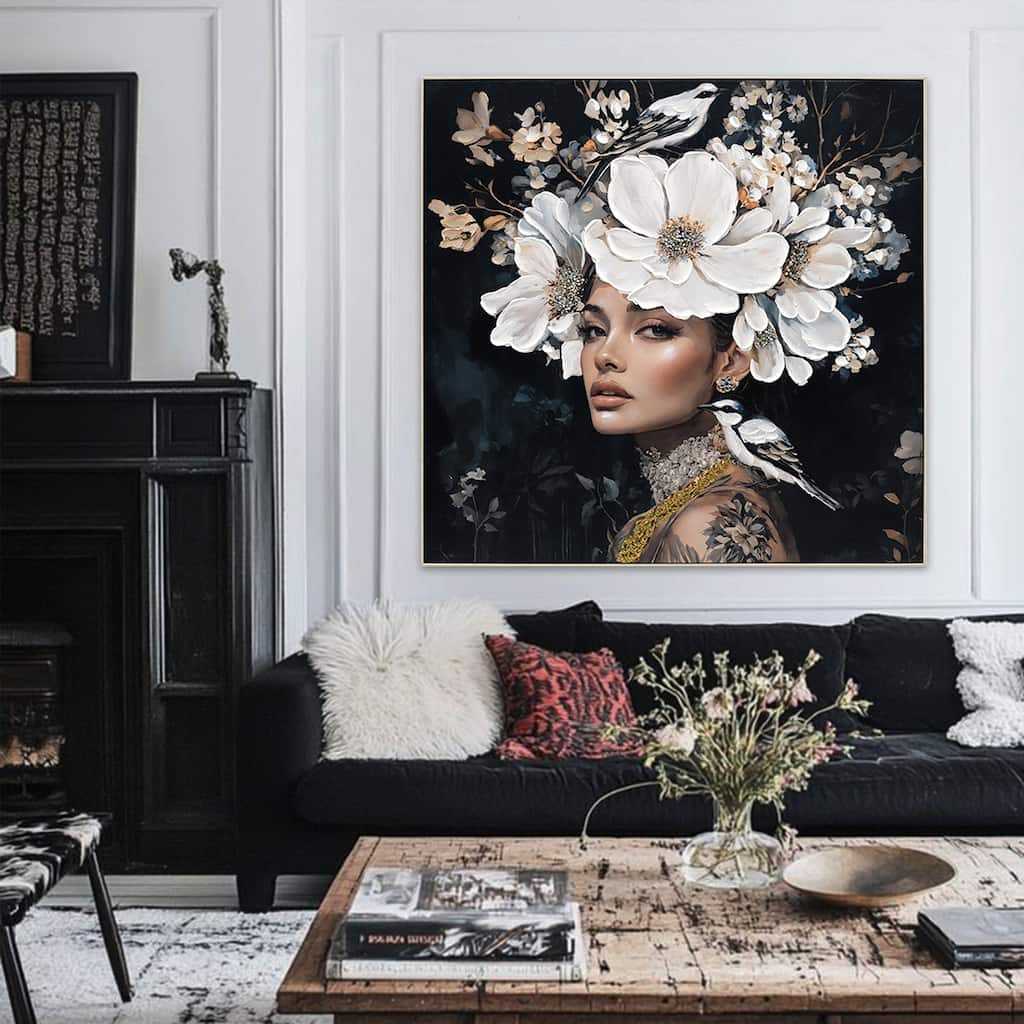 Floral Woman Canvas Wall Art Black And White Bird Tattoo Portrait Modern Aesthetic Artwork,Art Oil Painting