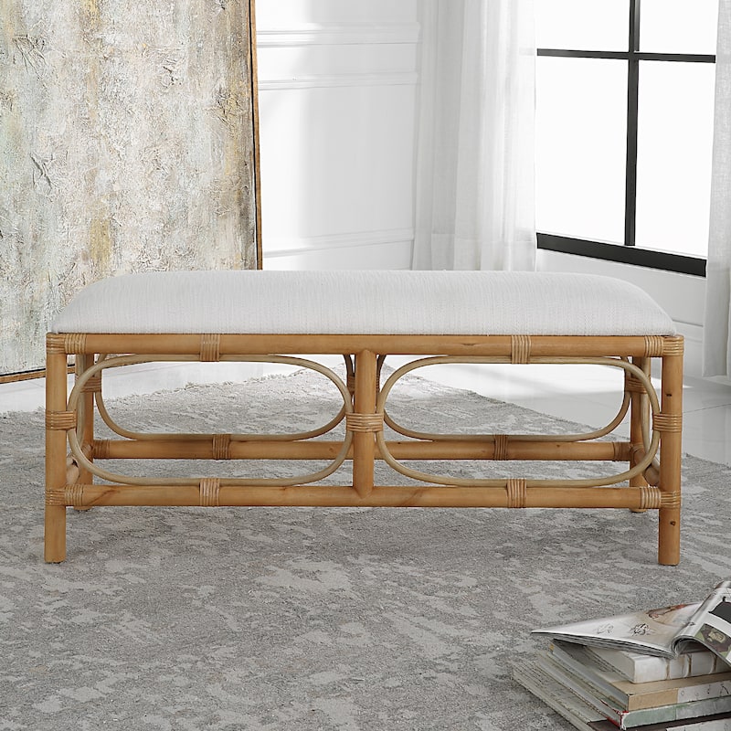 Uttermost Laguna White Fabric Rattan Bench - 48"W x 21"H x 16"D