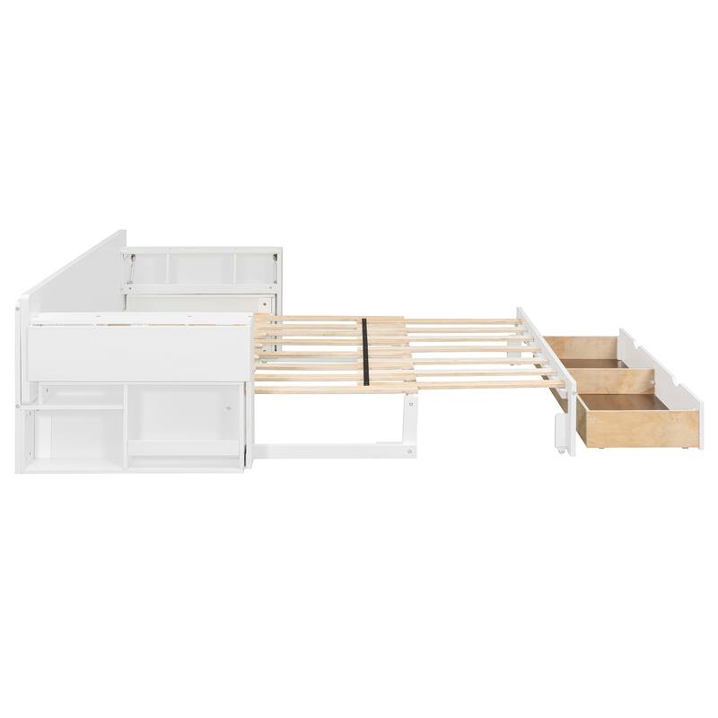 4-in-1 Multifunctional Daybed Storage Bed Frame with Removable Desk, Drawers, Bookcase Shelves and Hydraulic Side Tables