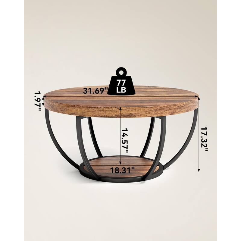 Engineered Wood Round Coffee Table with 2-Tier Metal Base - 31.69" L x 31.69" W x 17.32" H