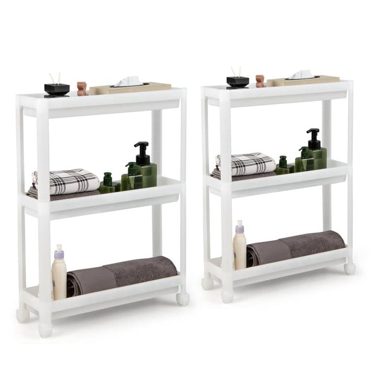2 Pieces 3-Tier Slim Detachable Storage Cart with Drainage Holes and Wheels-White - 20.8" x 6.8" x 27.5"