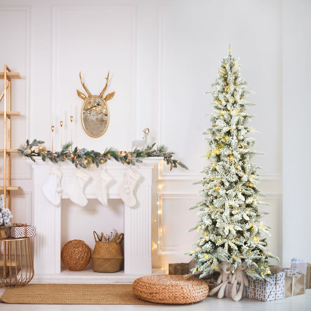 Fraser Hill Farm 7.5-Ft. Slim Mountain Pine Flocked Christmas Tree with Warm White LED Lights