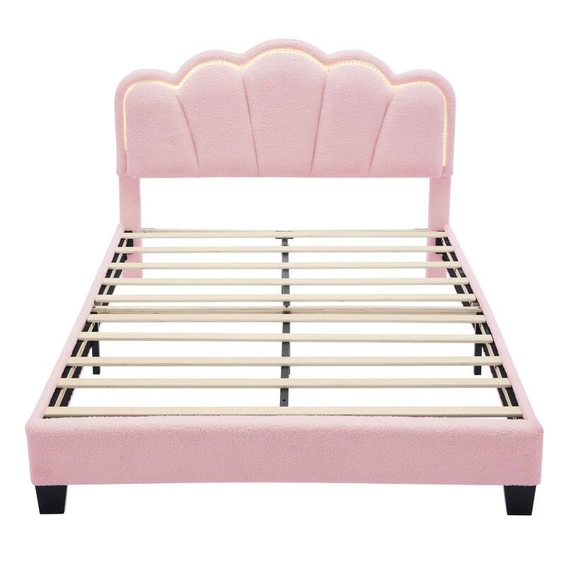 Upholstered Platform Bed with Flower-Shaped Headboard & LED Light Strip, Twin/Full Size Sherpa Fabric Bed Frame w/ Slats Support
