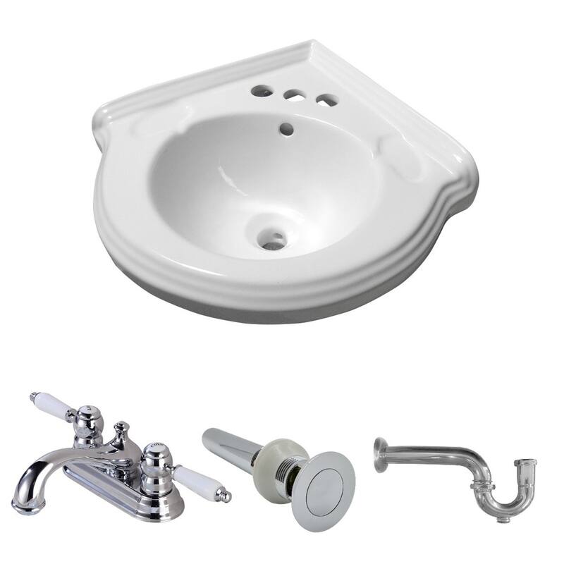 22" White Wall Mount Bathroom Sink with Faucet, P trap and Sink Drain