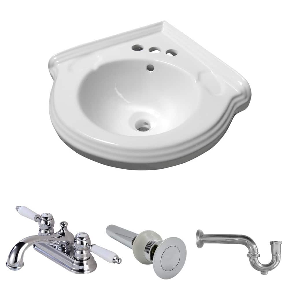 22" White Wall Mount Bathroom Sink with Faucet, P trap and Sink Drain