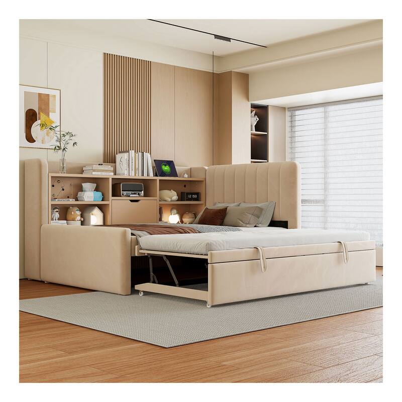 Versatile Upholstered Daybed with Trundle,Storage Shelves,and Integrated Charging Station
