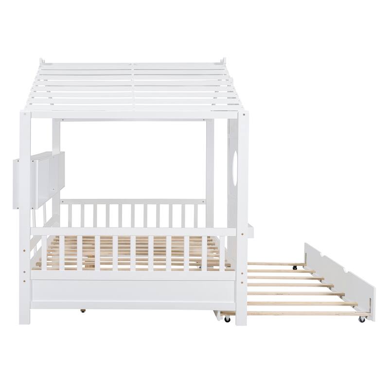 Wooden House Bed With Trundle, Modern Design for Kids with Storage Shlef