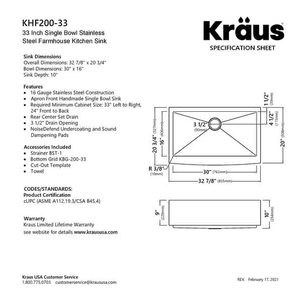 KRAUS Standart PRO Stainless Steel 33 in 1-Bowl Farmhouse Kitchen Sink