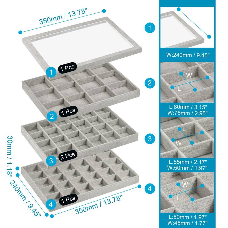 Jewelry Tray, 4Pcs - Velvet Stackable Jewelry Display Tray with Lid - Light Gray