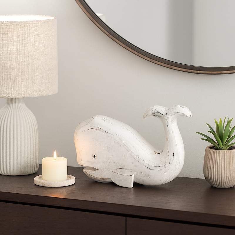 Handcrafted Wooden Whale Figurine Sculpture - 15", White - 15.0"