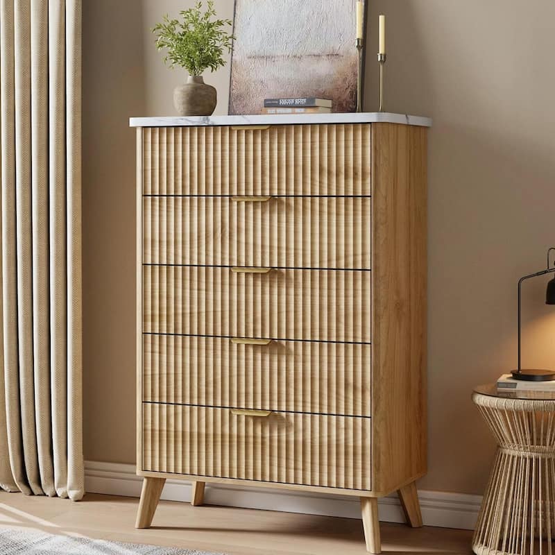 Modern Fluted 5 Drawers Dresser for Living Room, Bedroom - Almond