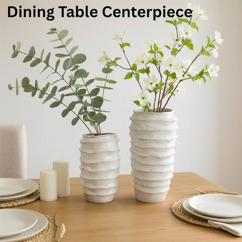 Aria Home White Creamy Ceramic Grooved Vases Modern Decor Set of 2