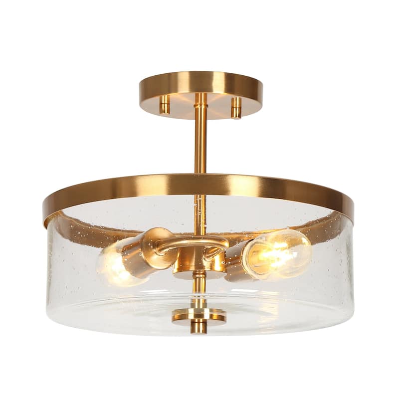 Mid-century Modern Drum Semi-flush Mount with Clear Seed Glass Dimmable Brass Gold Ceiling Lights - Brass Gold - D 12" x H 9.5"