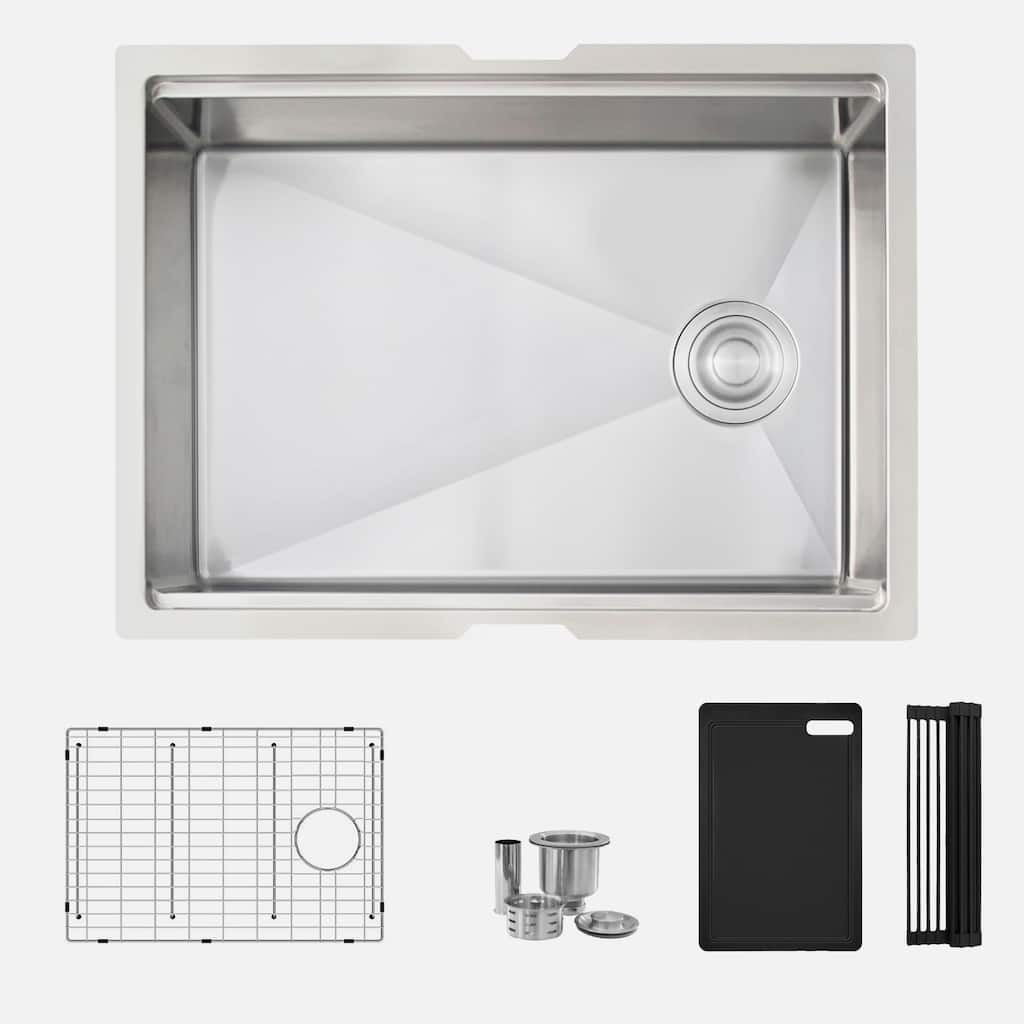 Undermount 25 inch Stainless Steel Single Bowl Workstation Kitchen Sink with Black Accessories Handmade