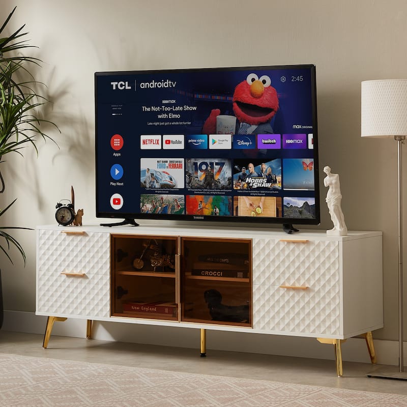 TV Stand with 4 Drawers, Entertainment Center TV Console with Aluminum Frame Tempered Glass Doors & Adjustable Metal Feet - White