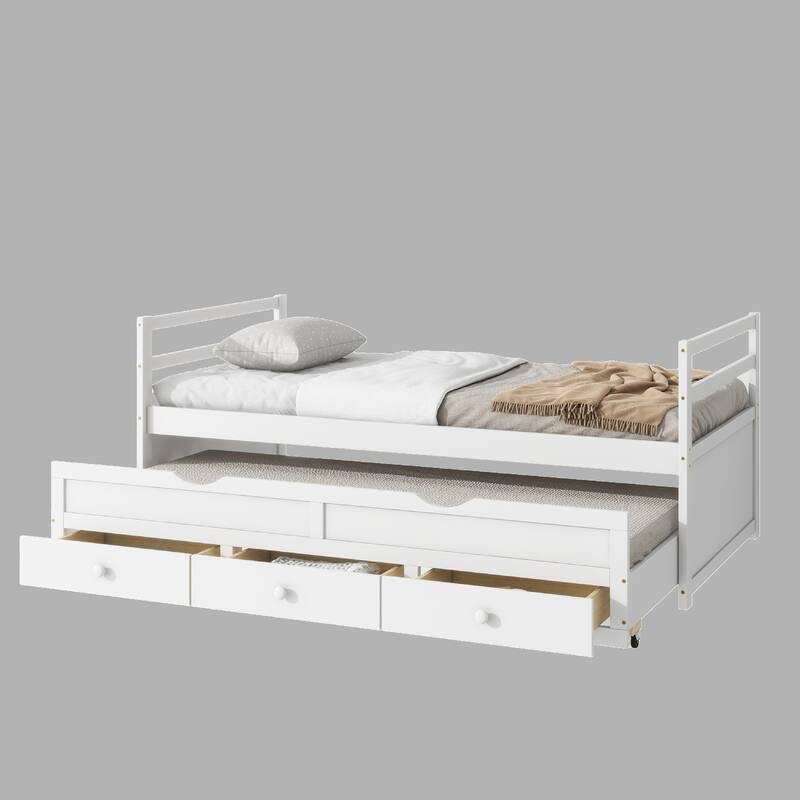 Twin Bed with Pull-Out Trundle, Three Storage Drawers, Pine Wood Frame, Headboard & Footboard