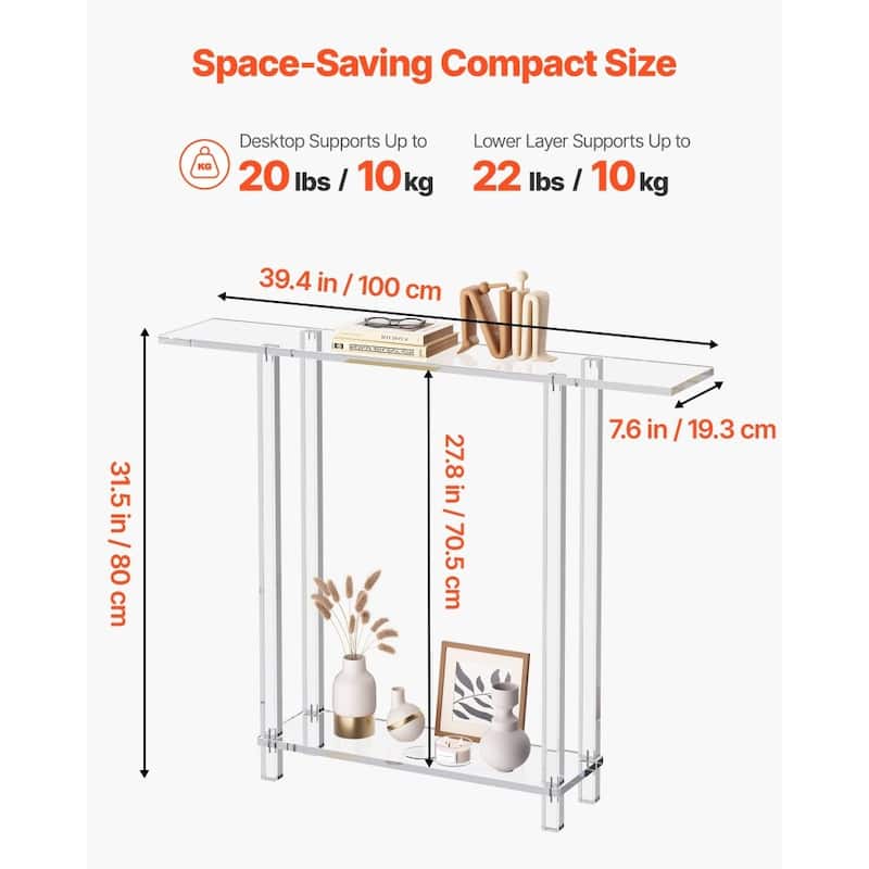 Clear Acrylic 2-Tier Console Table with Sturdy Metal Connectors and Storage - 7.6 x 39.4 x 31.5 in