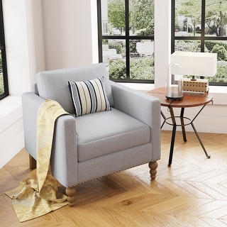 Modern Classic Linen Armchair Accent Chair with Bronze Nailhead Trim Wooden Legs Single Sofa Couch