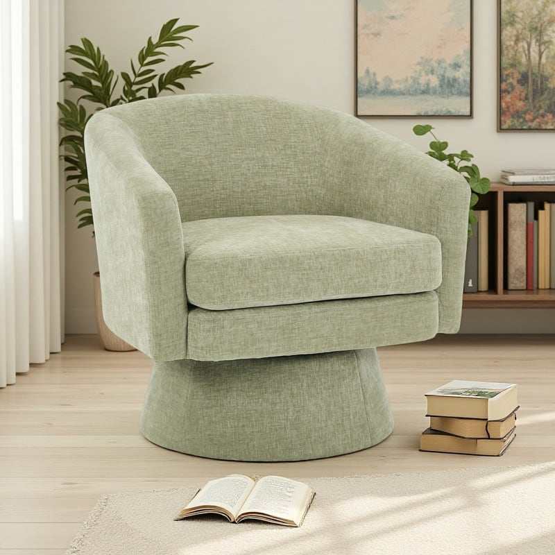 Chenille 360° Swivel Barrel Chair with Plush Cushioning - Green