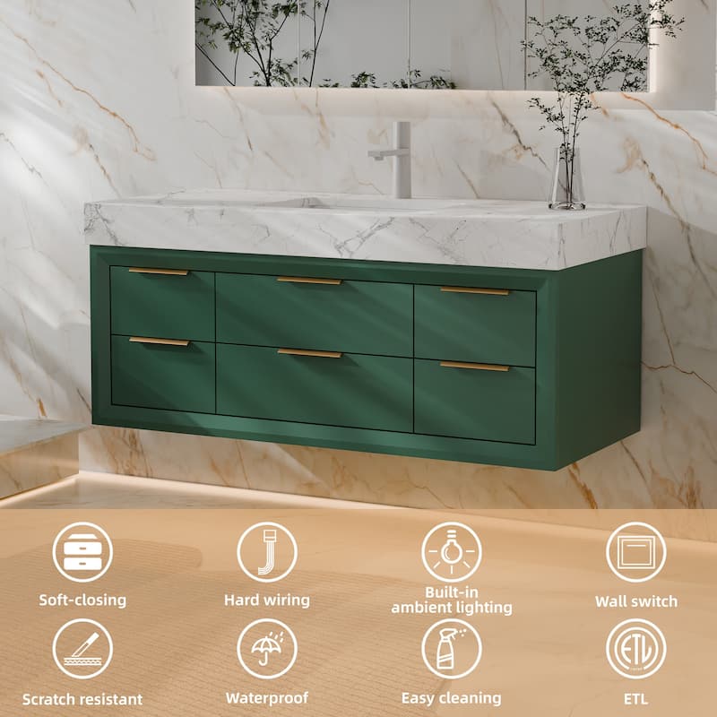 Modland 48" Modern Floating Bathroom Vanity with Single Sink, Soft-Close Drawers, White Stone Countertop