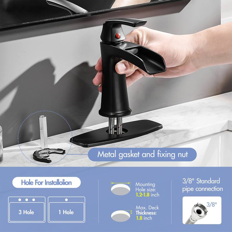 Single hole 1-handle Waterfall Handle Bathroom Sink Faucet with Drain with Deck Plate