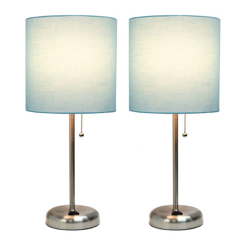 19.5 in. Brushed Steel Finish Table Lamp with Blue Shade, Durable Stick Lamp for End/Side Tables, Set of 2
