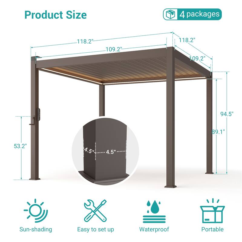 BONOSUKI Outdoor Aluminized Steel LED Louvered Pergola with Adjustable Roof, Brown