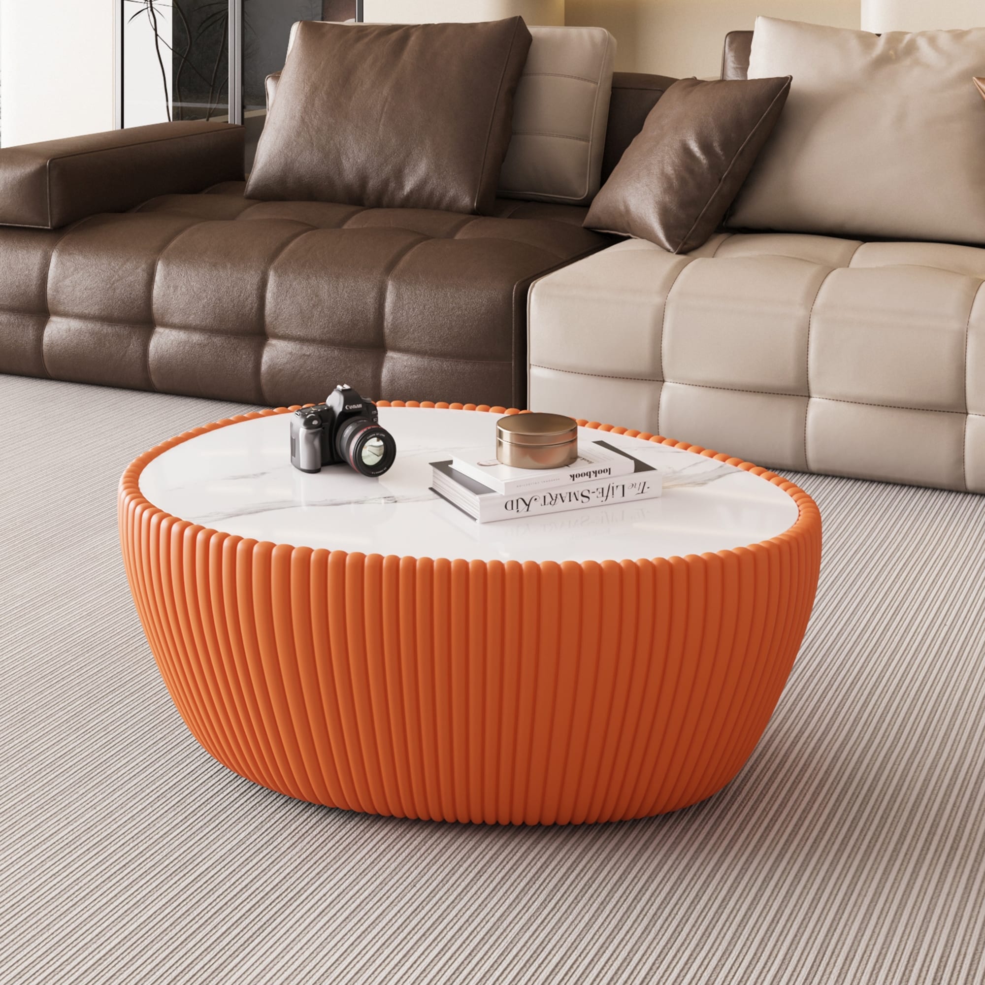 Light Sintered Stone Goose Egg Shape Orange Leather Coffee Table - Unique Design