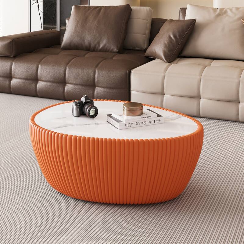 Modern Drum Coffee Table, Goose Egg Shape Coffee Table with Marble Top & Pu Frame, Luxury Center Side Table for Small Space - Orange
