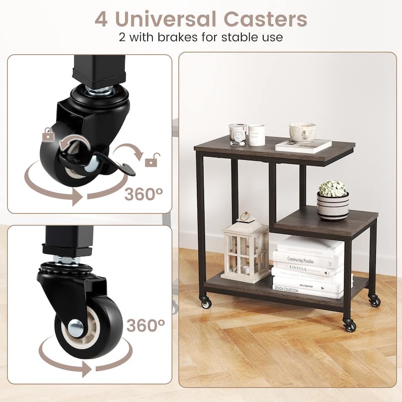 3-Tier G-Shaped Wooden Side End Table with Wheels and Storage for Living Room or Office Use - 23" x 12" x 24"