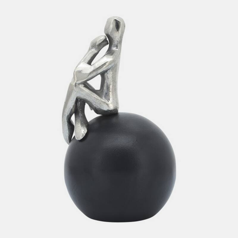 Thinking Man sitting on Orb Figurine - 9" - Silver and Black