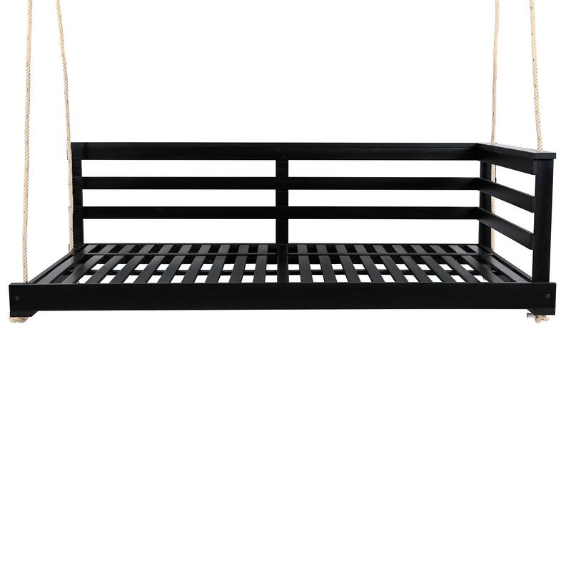 Country Style Acacia Wood Porch Swing Bed,Twin Size Outdoor Daybed with 4x 96" Hemp Ropes,Rustic Patio Hanging Swing for Garden