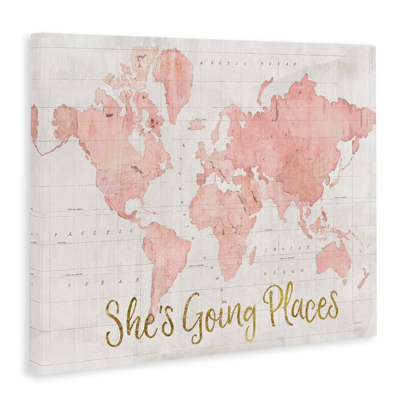Stupell She's Going Places Quote Pink Watercolor World Map Canvas Wall Art