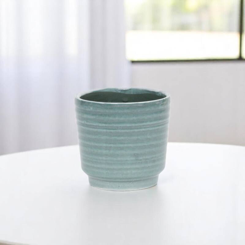 HomeRoots Green Ceramic 23 Ounce Striped Round Distressed Pot Planter - 4.50 in. x 4.25 in. x 4.50 in. - Green - 4.50 in. x 4.25 in.  x 4.50 in.
