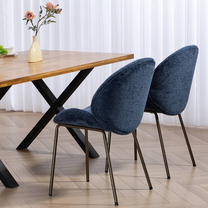 Set of 2 Benedetta Blue Linen Upholstered Dining Chair with Iron Legs