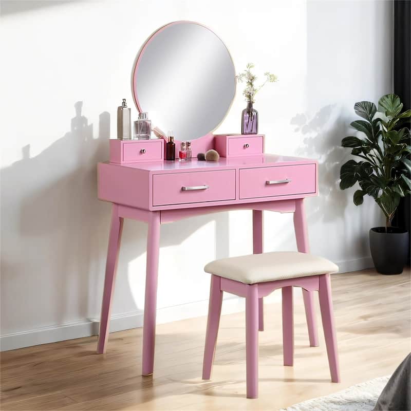Contemporary Wood Vanity Set with Mirror and Stool