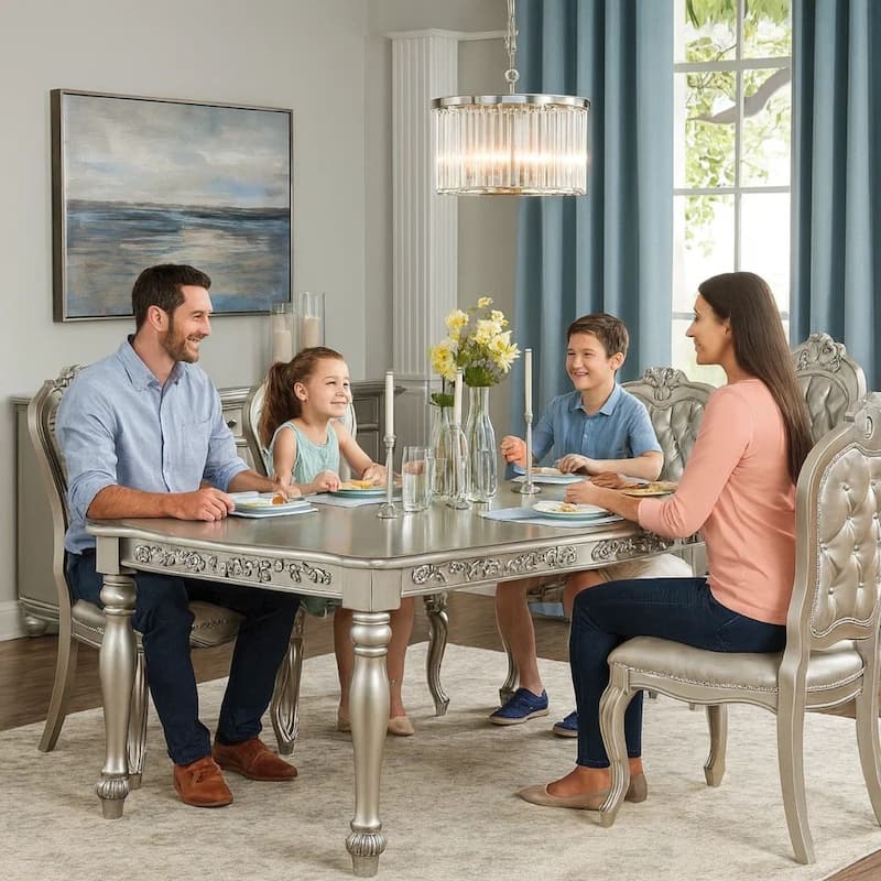 Kipp 78 Inch Dining Table, 2 Extension Leafs, Floral Carved, Champagne Wood