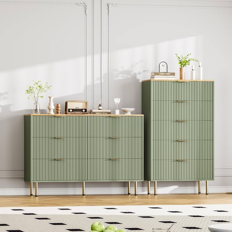 6 Drawer Fluted Dresser for Bedroom, Modern Wooden Storage Chest with Gold Handles
