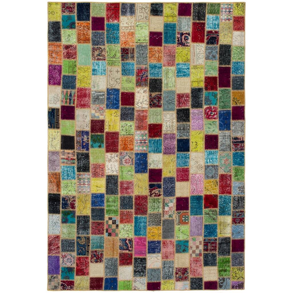 Hand-knotted Color Patchwork Multi Color Wool Rug - 6'6 x 9'9
