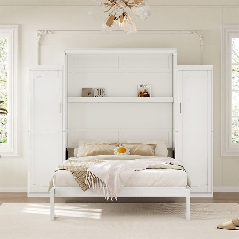 Wooden Murphy Bed Wall Bed with 2 Bulit-in Wardrobes, Full/Queen Size Foldable Murphy Cabinet Bed with Storage Shelves