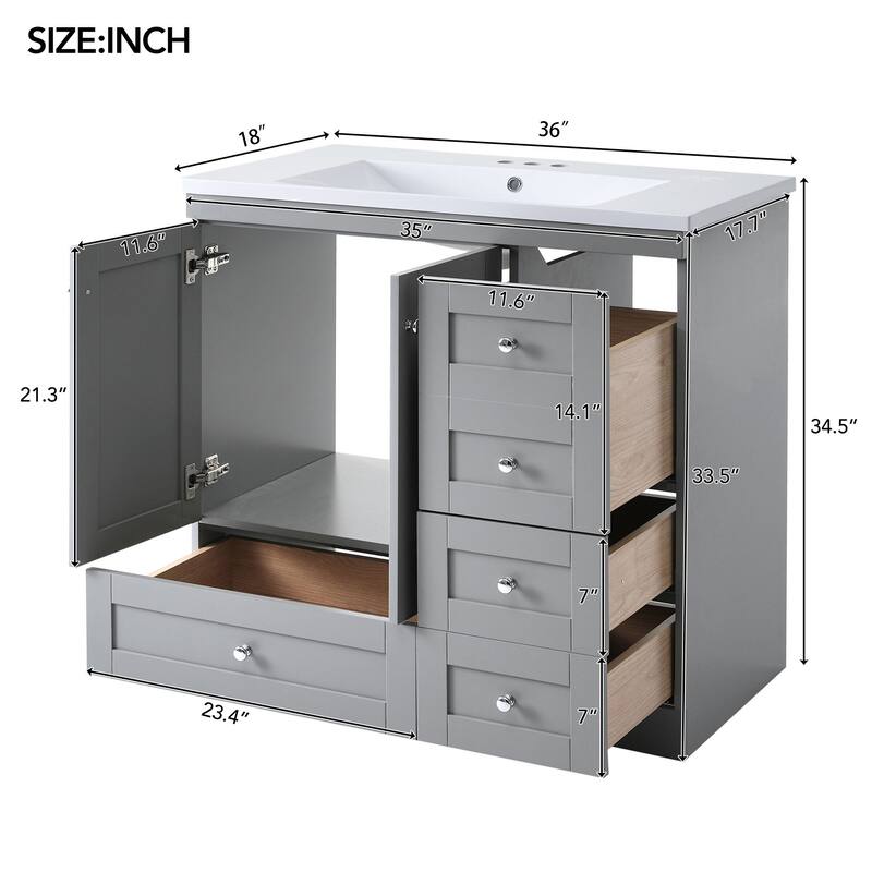 36" Shaker Bathroom Vanity with Ceramic Sink - 4 Soft-Close Drawers & 2 Doors, Free-Standing Cabinet