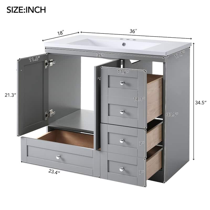 36" Shaker-Style Bathroom Vanity – Freestanding Cabinet with Ceramic Sink, 4 Soft-Close Drawers & 2 Doors‌