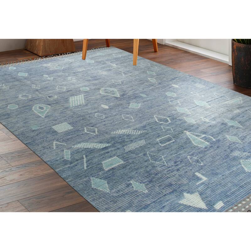 Home Decor Blue Hand-Knotted Wool Contemporary Shapes Marrakech Handspun Area Rug. Elegant and Stylish Rug for Living Room