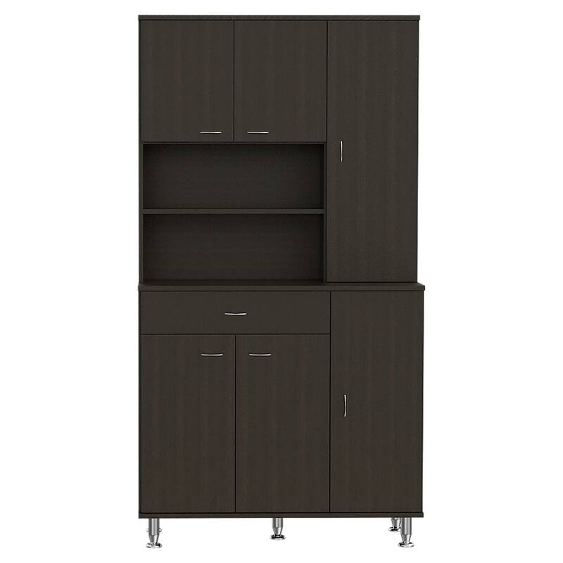 Kitchen Pantry Cabinet, Two Open Shelves, One Drawer, Multiple Cabinets